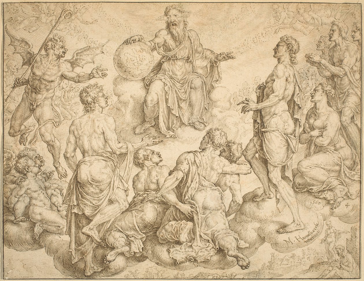 Satan udfordrer Gud til at fjerne sin beskyttelse fra Job af Maerten van Heemskerck