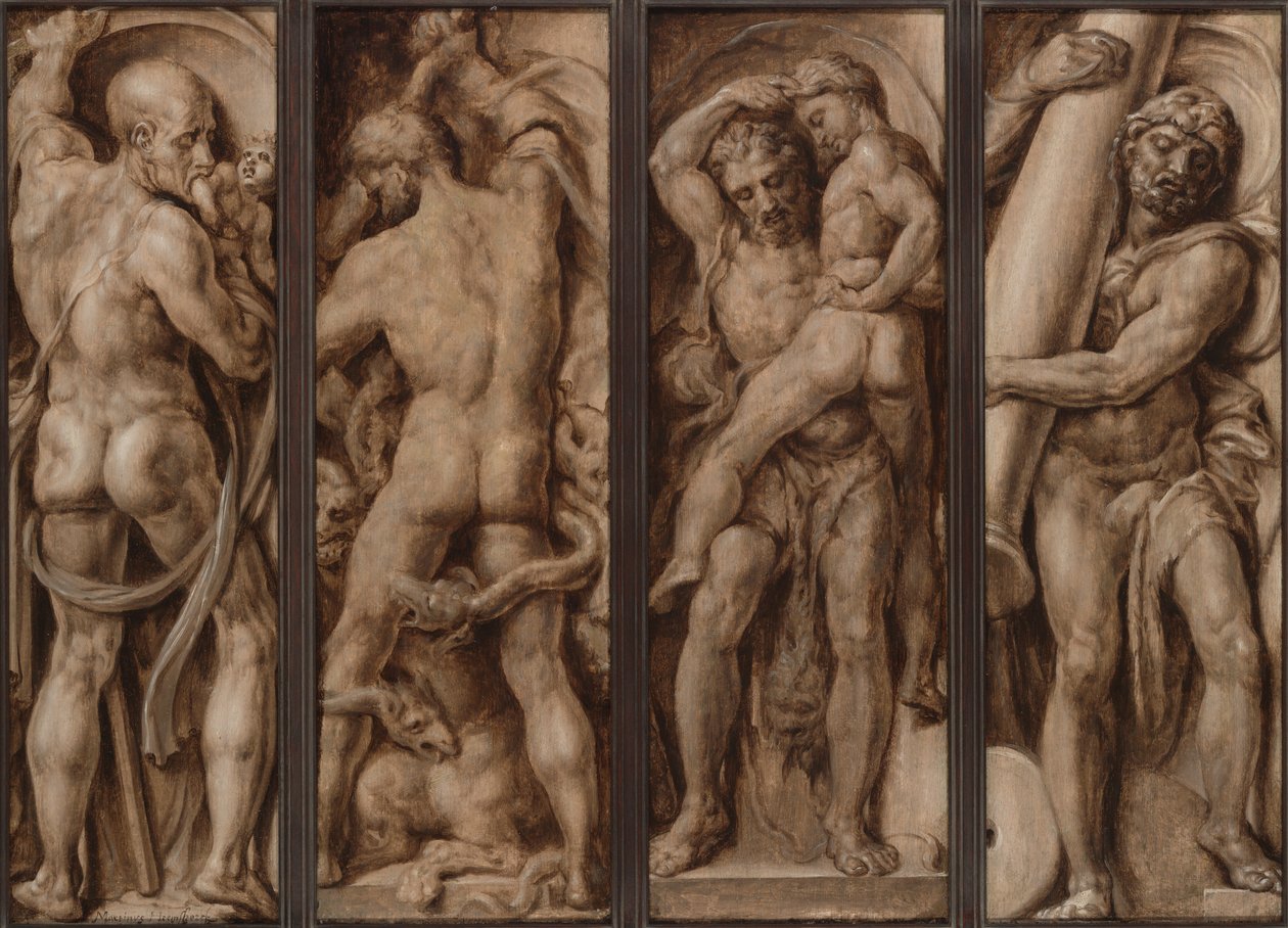 Saturn fortærer et barn; Hercules Slaying the Hydra; Hercules Lifting Antaeus; Hercules rejser søjlerne i Calpe og Abyla af Maerten van Heemskerck