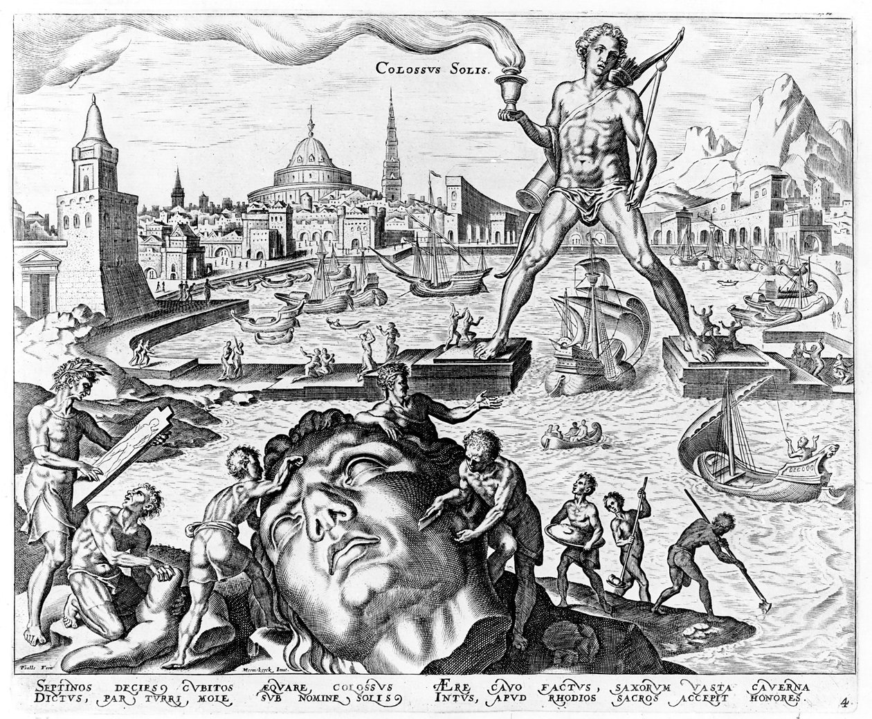 The Colossus of Rhodes, plade 4 fra The Eight Wonders of the World, eng. Philips Galle, 1572 af Maerten van Heemskerck