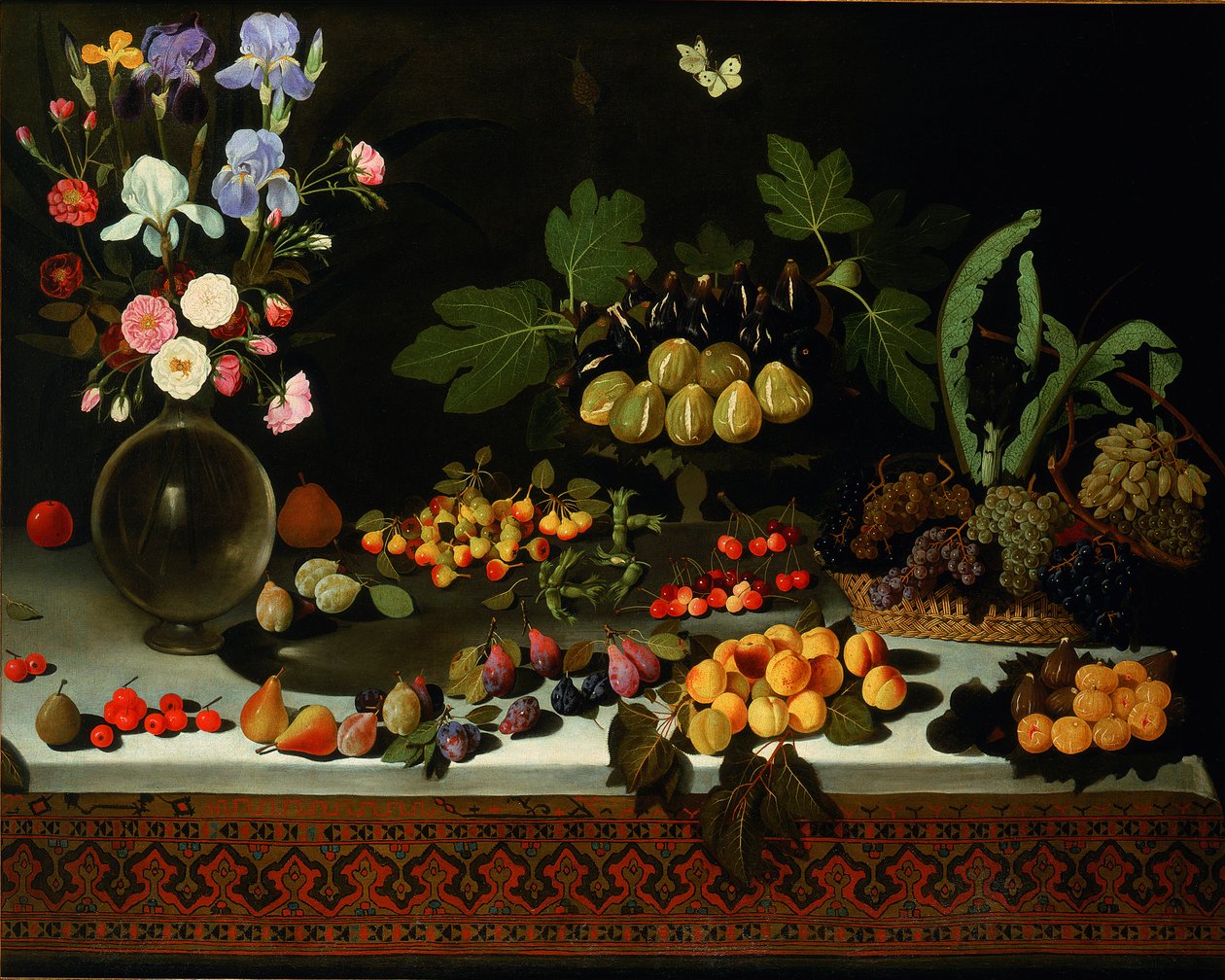 Blomst og frugt på et bord, ca. 1600. af Maestro di Hartford