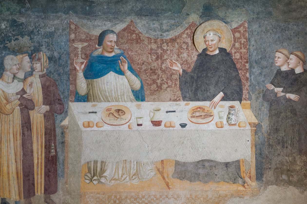 The Miracle of St Guido: Den velsignede abbed forvandler vand til vin før Gebeardo, ærkebiskoppen af Ravenna, refektorium (fresko) af Maestro di Tolentino (attr.to)