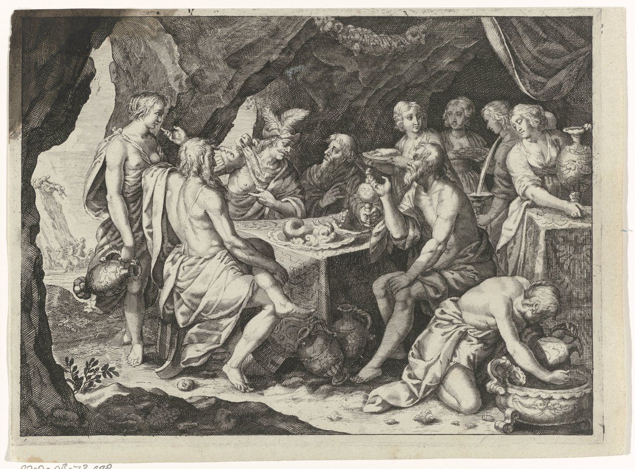 Scene fra Ovids Metamorfoser: et måltid i en hule af Magdalena van de Passe (attributed to)