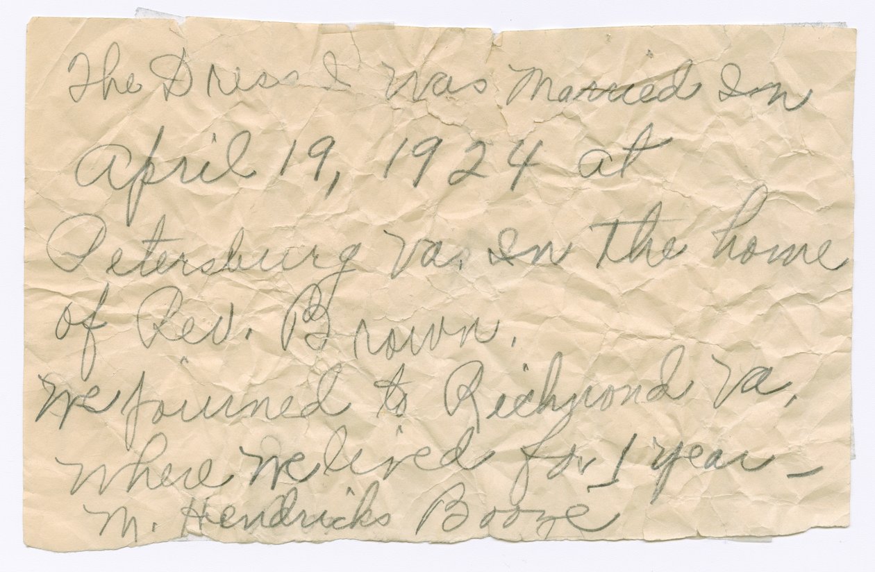 Håndskrevet note fra Magdalene Hendricks Boozé, midten af det 20. århundrede. af Magdalene Hendricks Boozé