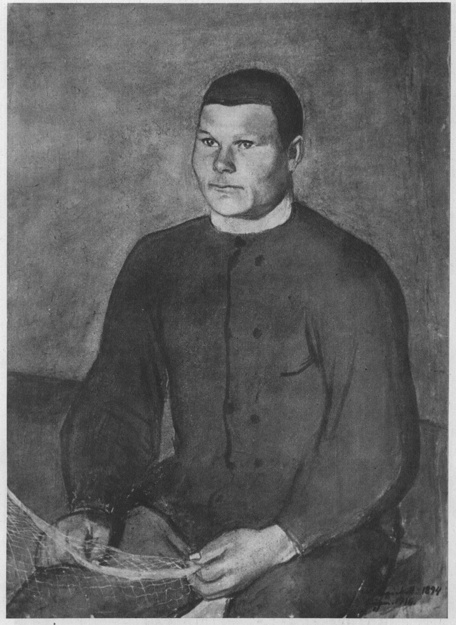 Mand, der strikker net. Beskrivelse i henhold til kilder af Magnus Enckell