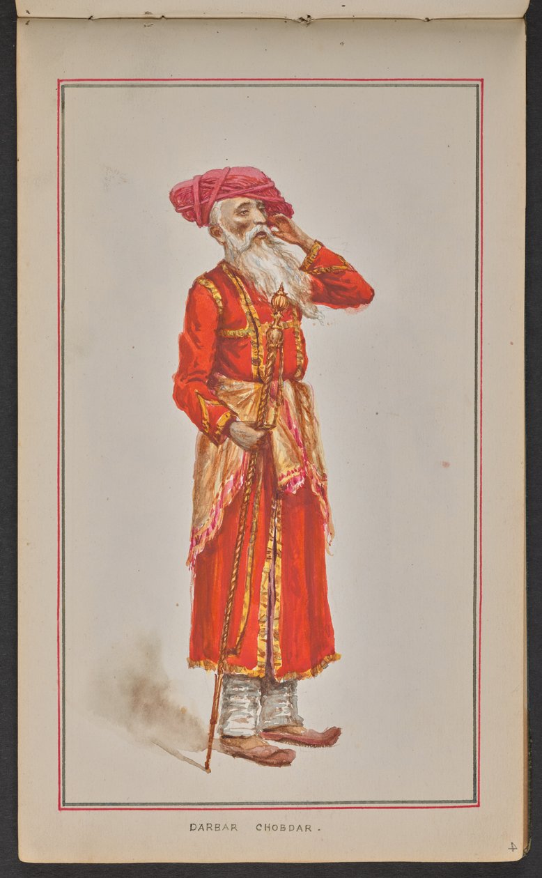 Ældre hofembedsmand fra Kolhapur durbar, klædt i rød frakke og lyserød turban (akvarel på papir) af Mahadev Vishvanath Dhurandhar