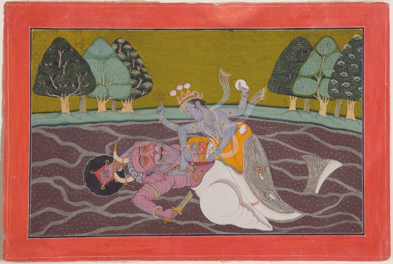 Matsya, fiskens inkarnation af Vishnu, ca. 1745 (ugennemsigtig wc og guld på papir) af Mahesh