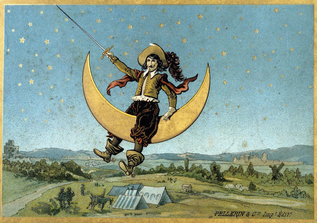 Illustration af Cyrano de Bergerac i hans roman "Den anden verden"" af Henri Maigrot