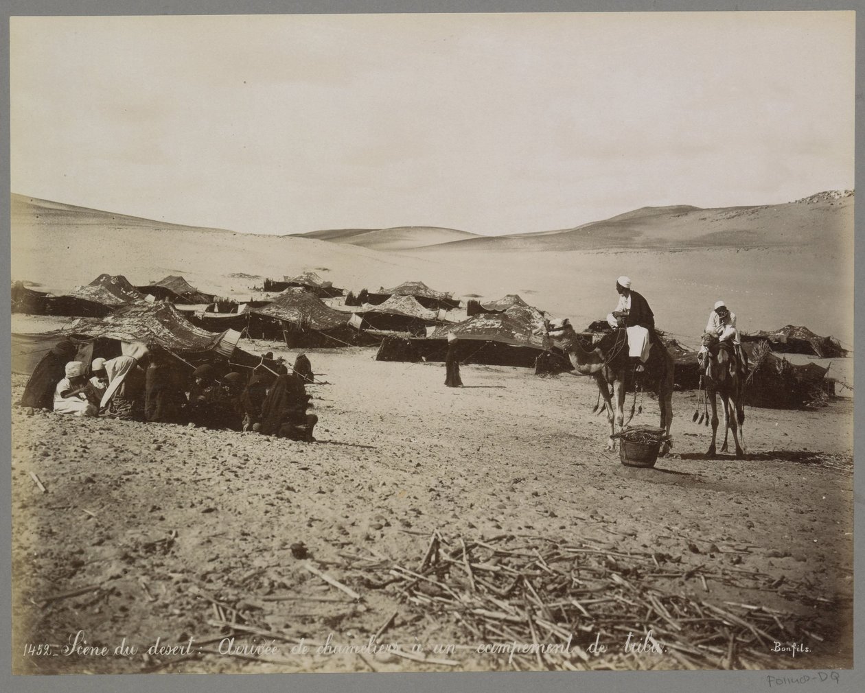 Lejr med telte og kameler i (formodentlig) Egyptens ørken Scene du ørken: Arrivée de chameliers à un campement de tribu. (titel på objekt) af Maison Bonfils