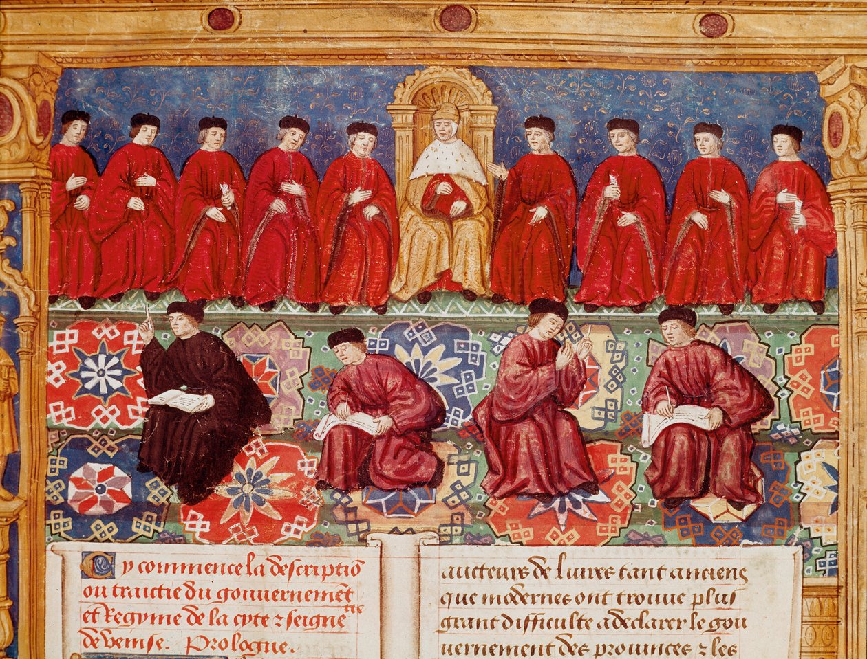 Council of Ten The Doge er i centrum. Detalje af en miniature hentet fra en beskrivelse eller aftaler med byens regering og regime og Venedigs overherredømme realiseret af admiral Louis Malet de Graville, belyst af mesteren af Philippe af Maitre de Philippe de Gueldre
