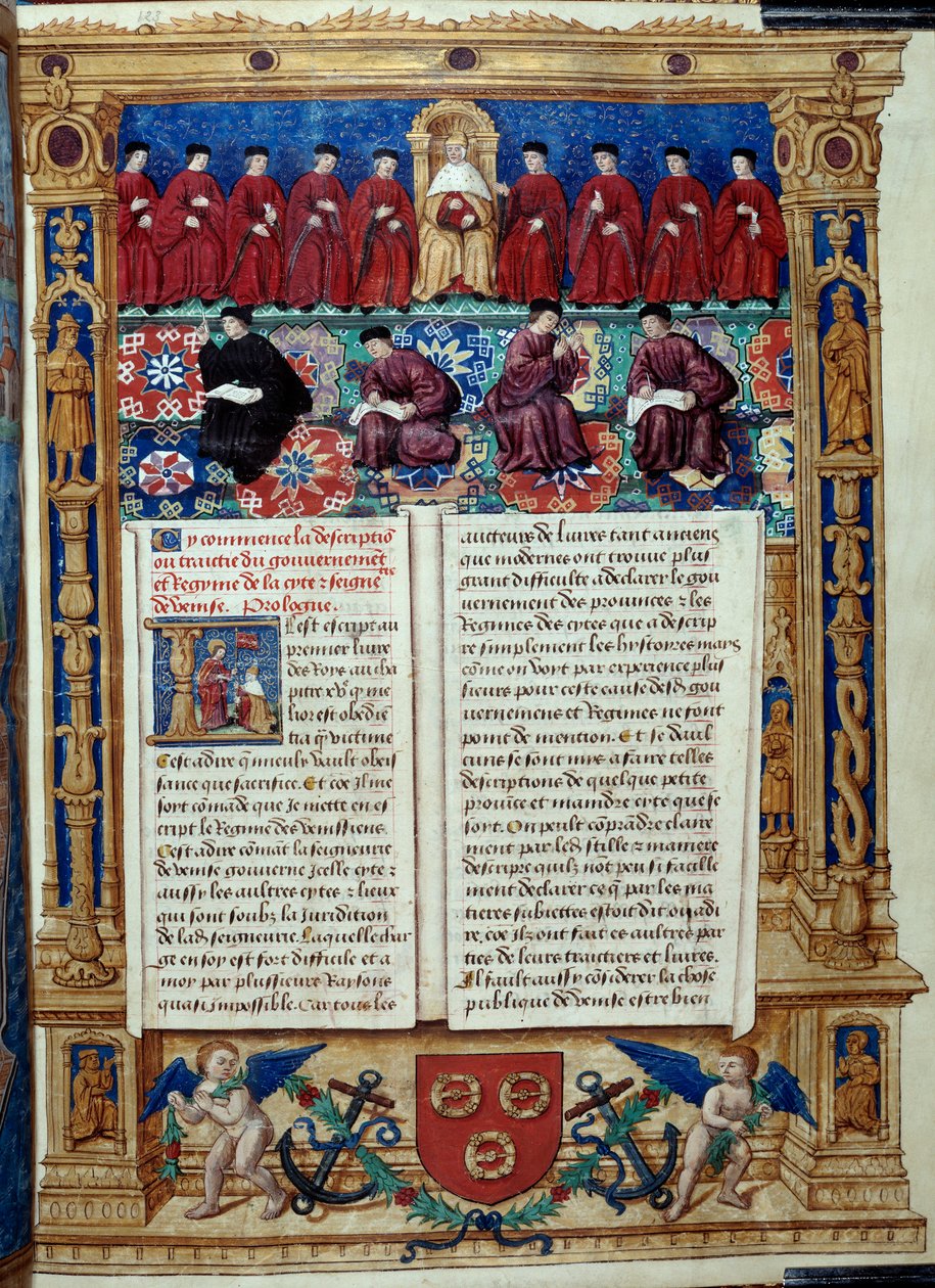 Council of Ten The Doge er i centrum. Side taget fra en beskrivelse eller aftaler med regeringen og regimet i byen og herredømmet i Venedig realiseret af admiral Louis Malet de Graville, belyst af mesteren af Philip de Geldre (1500-tallet) af Maitre de Philippe de Gueldre