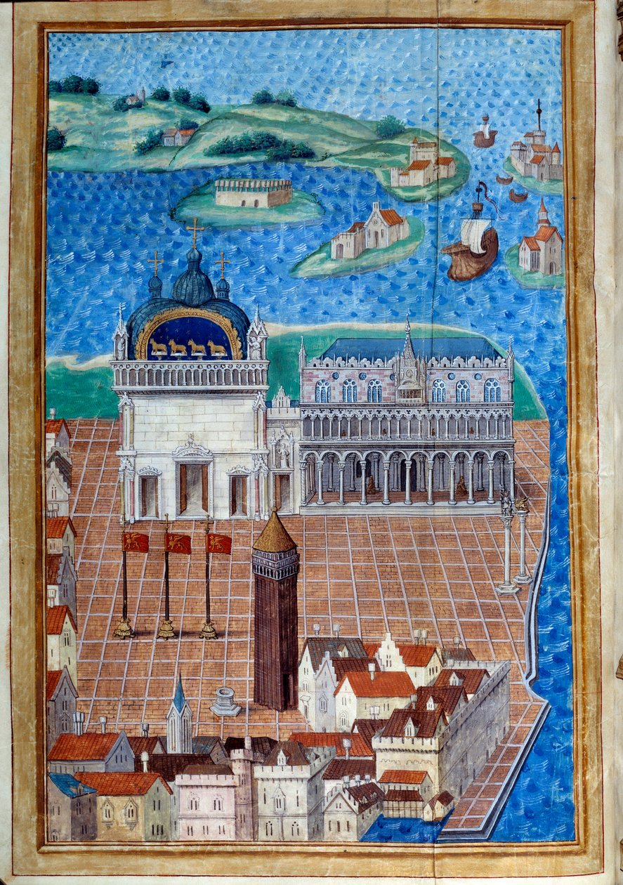 Udsigt over Markuspladsen med Dogepaladset”” Miniature taget fra “” Beskrivelse eller omhandler regeringen og regimet i byen og herredømmet i Venedig””” af mesteren af Philip de Geldre (1467-1547) Chantilly, Musee Conde af Maitre de Philippe de Gueldre