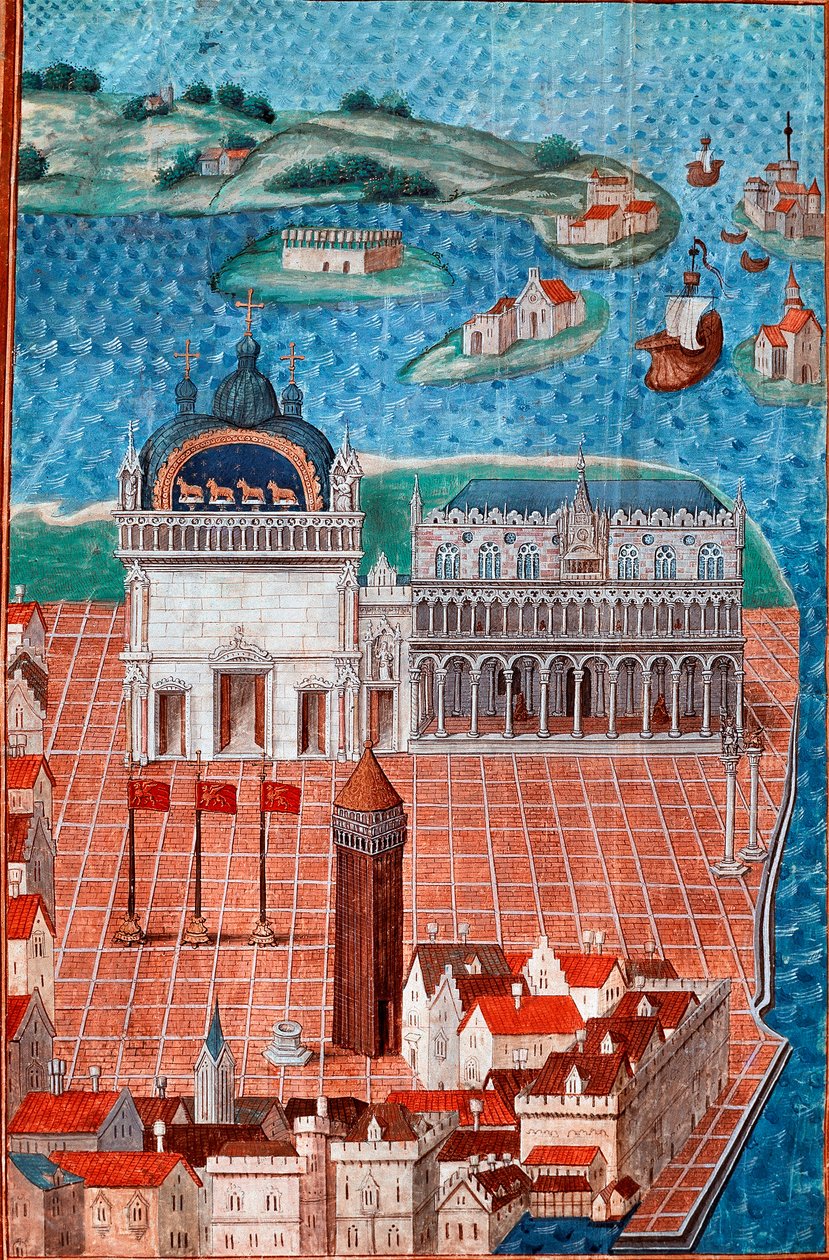 Udsigt over Markuspladsen med Dogepaladset i Venedig”” Miniature taget fra “” Beskrivelse eller omhandler regeringen og regimet i byen og herredømmet i Venedig””” af Mesteren af Philip de Geldre (1467-1547) Chantilly , Musee Conde af Maitre de Philippe de Gueldre