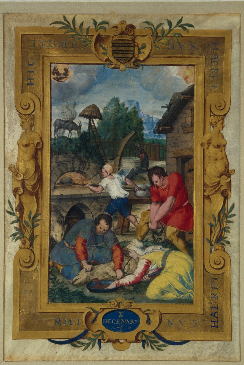 Kalenderside for december, slagtning af grisen, fra en timebog, ca. 1550-60 af Maitre des Heures de Claude Gouffier