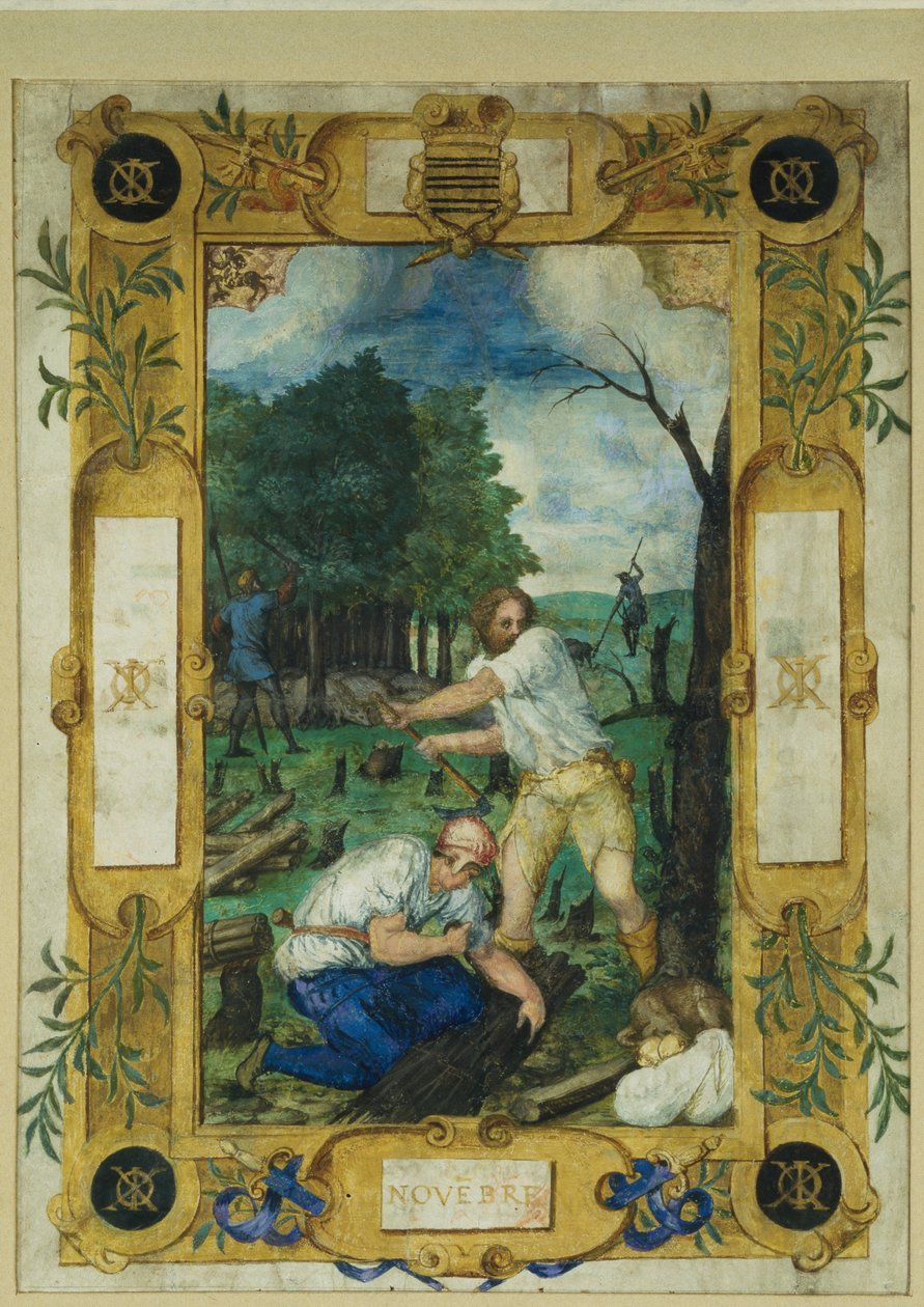 Kalenderside for november, fældning af træer, fra en timebog, ca. 1550-60 af Maitre des Heures de Claude Gouffier