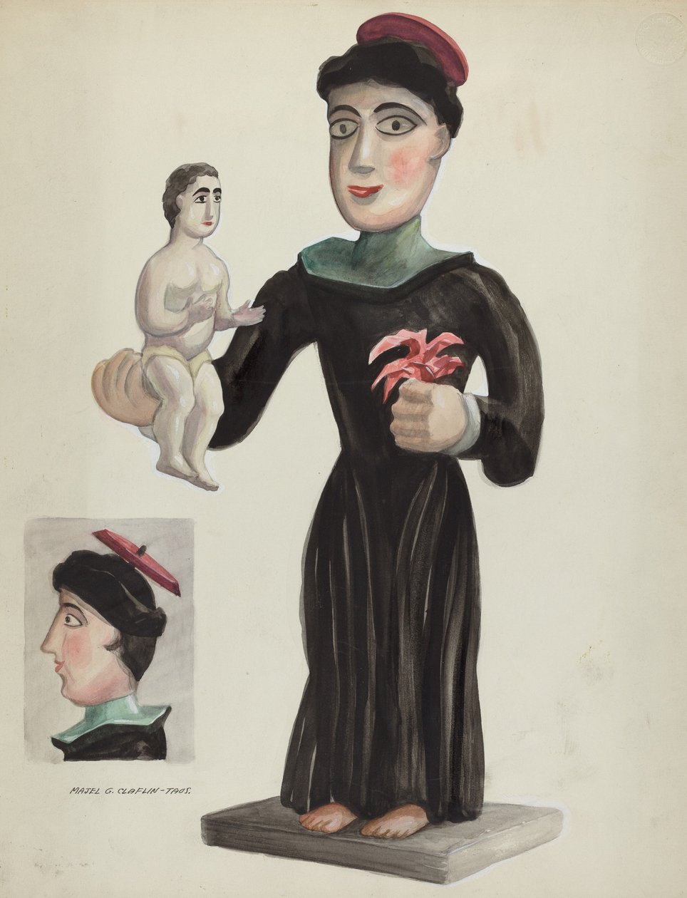 Udskåret og malet træ Santo (St. Anthony) af Majel G. Claflin