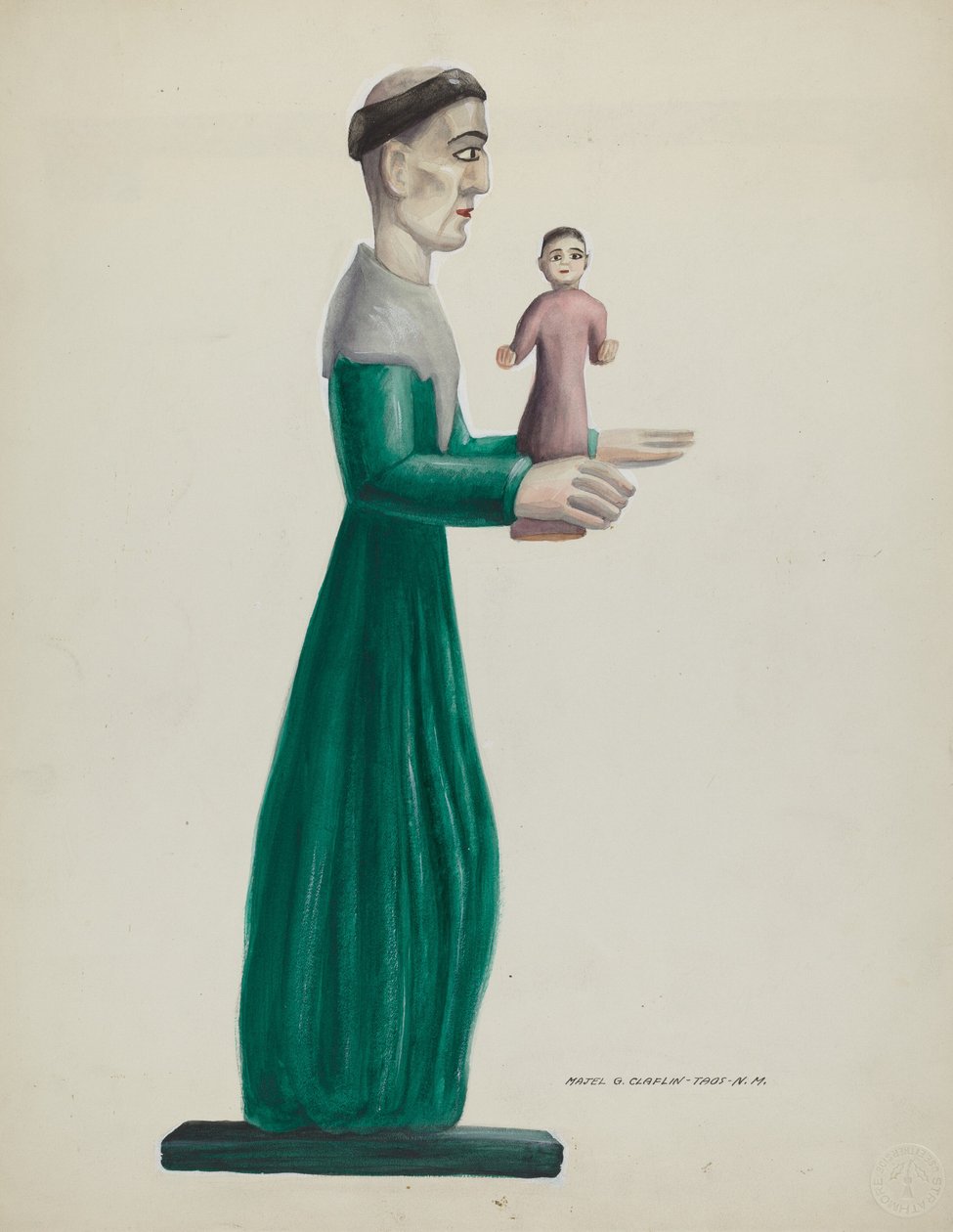 Udskåret og malet træ Santo (St. Joseph) af Majel G. Claflin