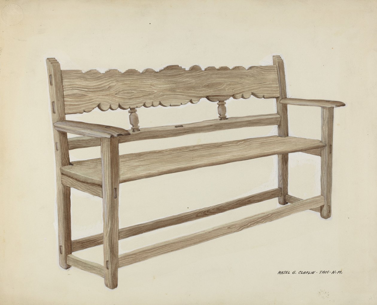 Kirkebænk - træ, ca. 1937. af Majel G. Claflin