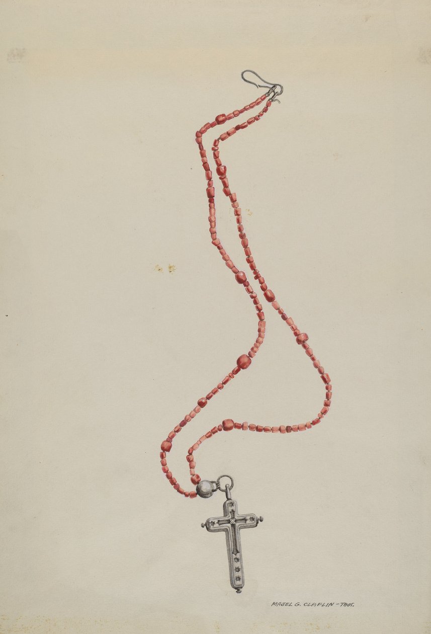 Koralperler og krucifiks, ca. 1937. af Majel G. Claflin