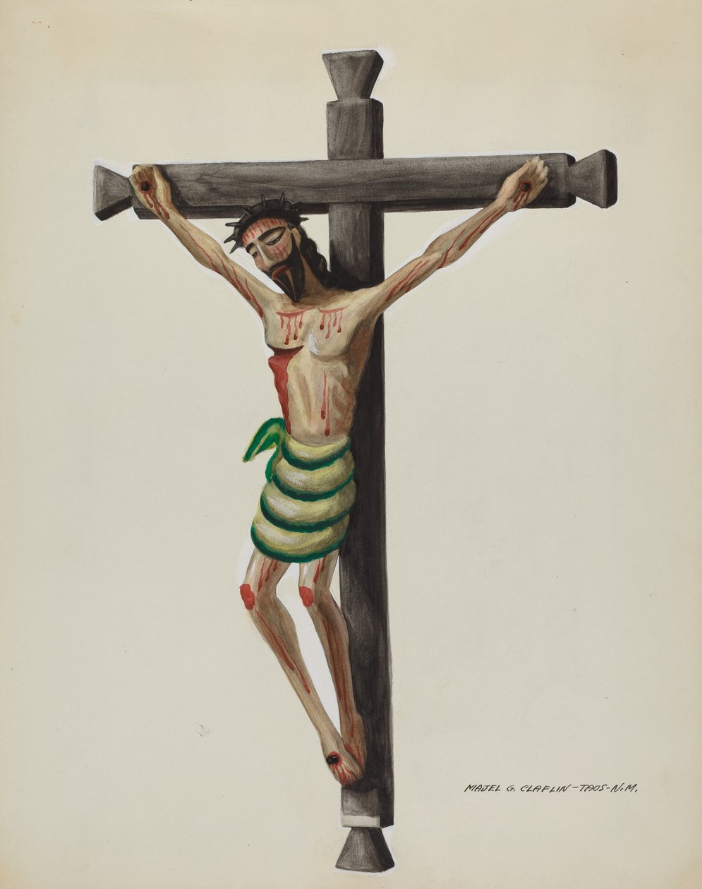 Cristo, udskåret og malet, på sort udskåret trækors, ca. 1937. af Majel G. Claflin