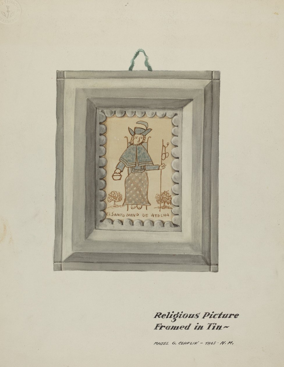 Håndtegnet Santo Nino de Atocha-håndlavet blikramme, ca. 1937. af Majel G. Claflin