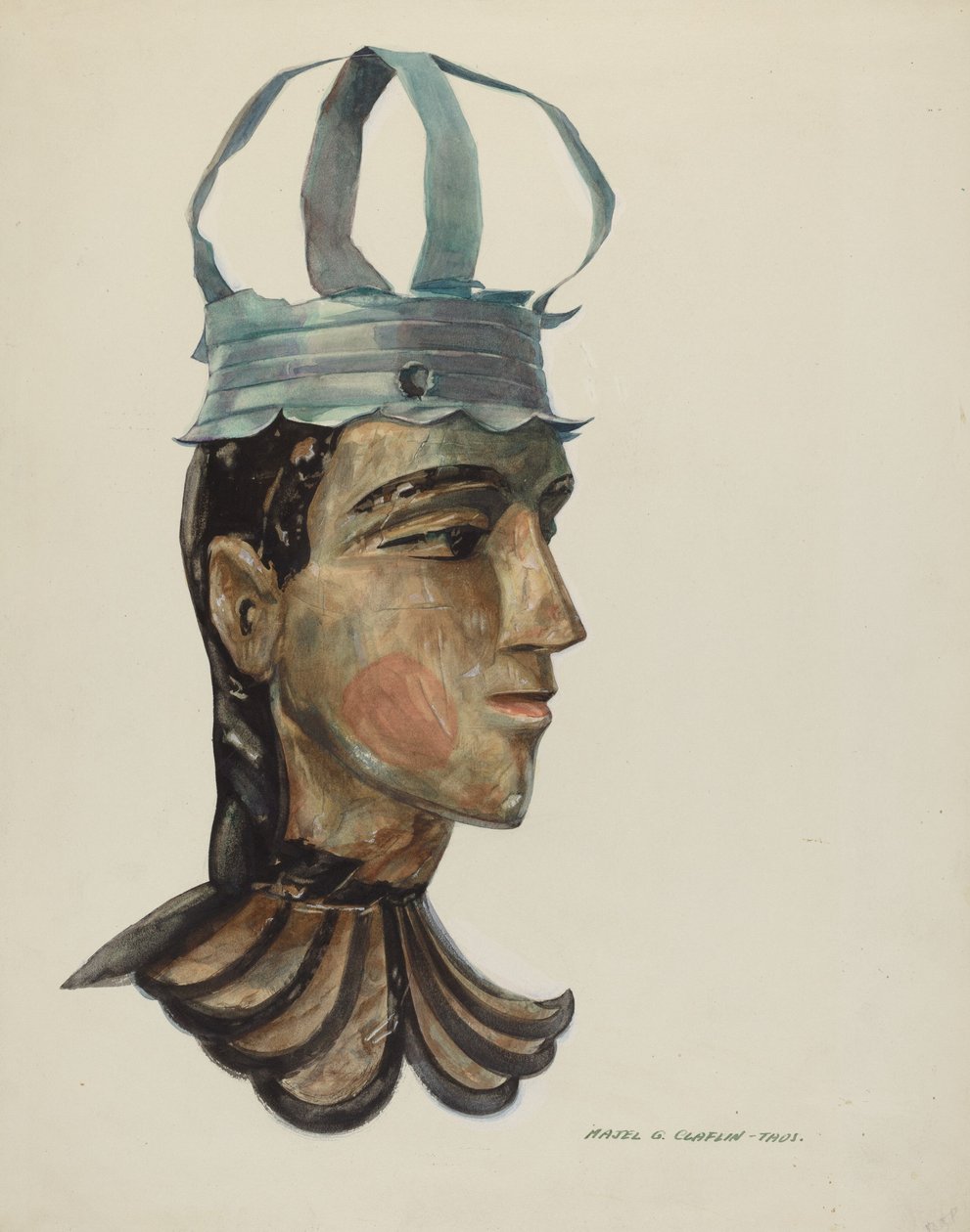 Hoved af udskåret figur med blikkrone, 19351942. af Majel G. Claflin