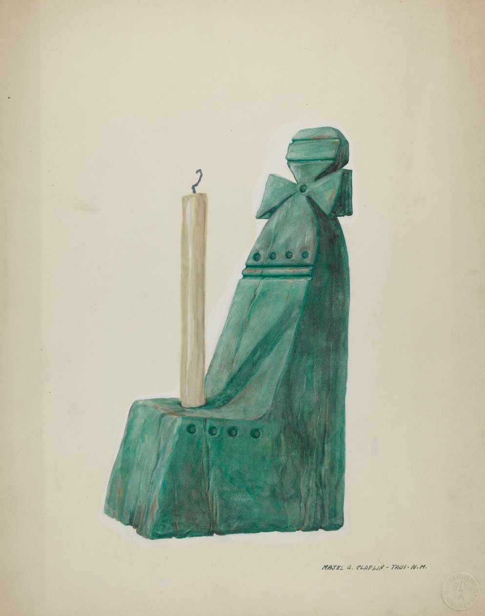Malet træ lysestage, med riller og cirkler, ca. 1937. af Majel G. Claflin