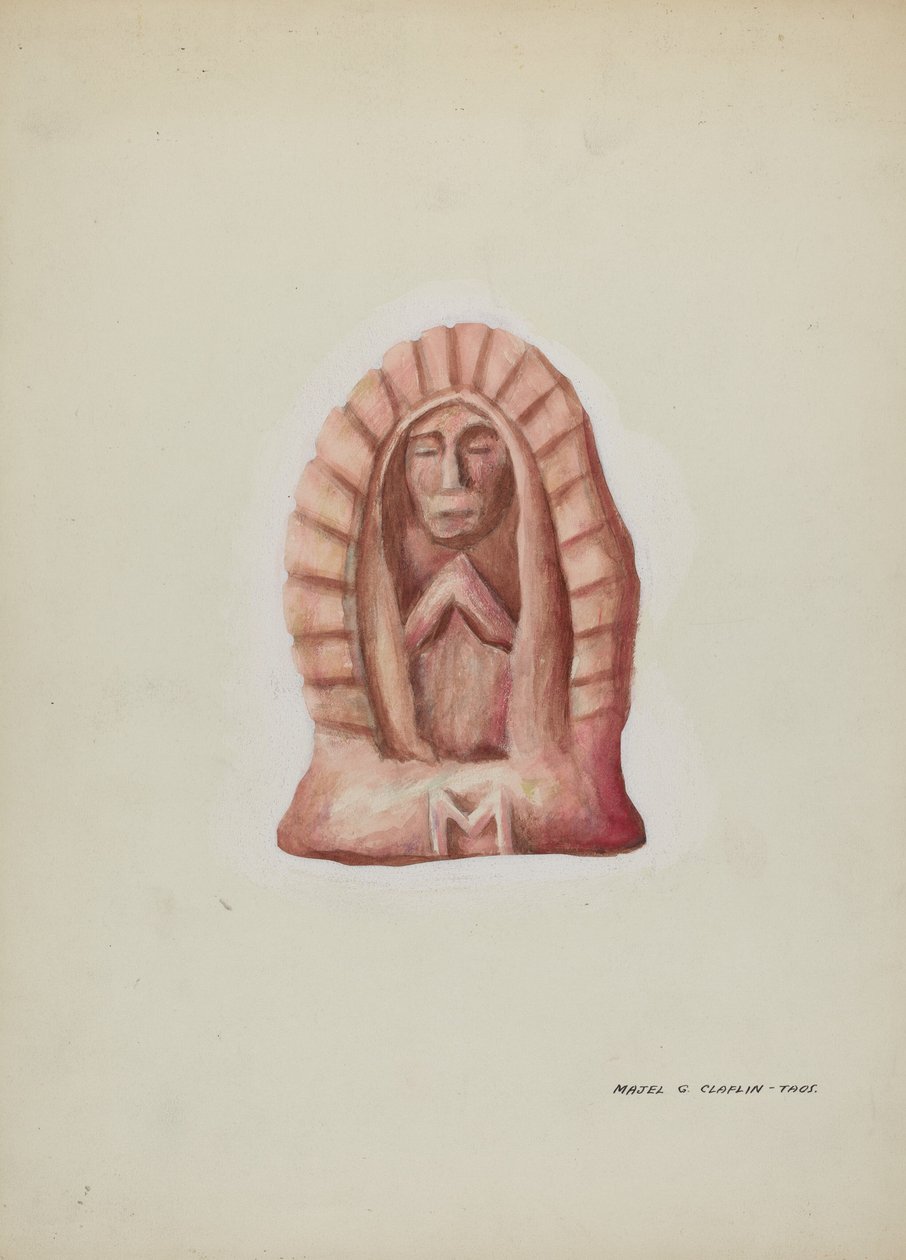 Lille statue af Guadalupe skåret i sten, ca. 1937. af Majel G. Claflin