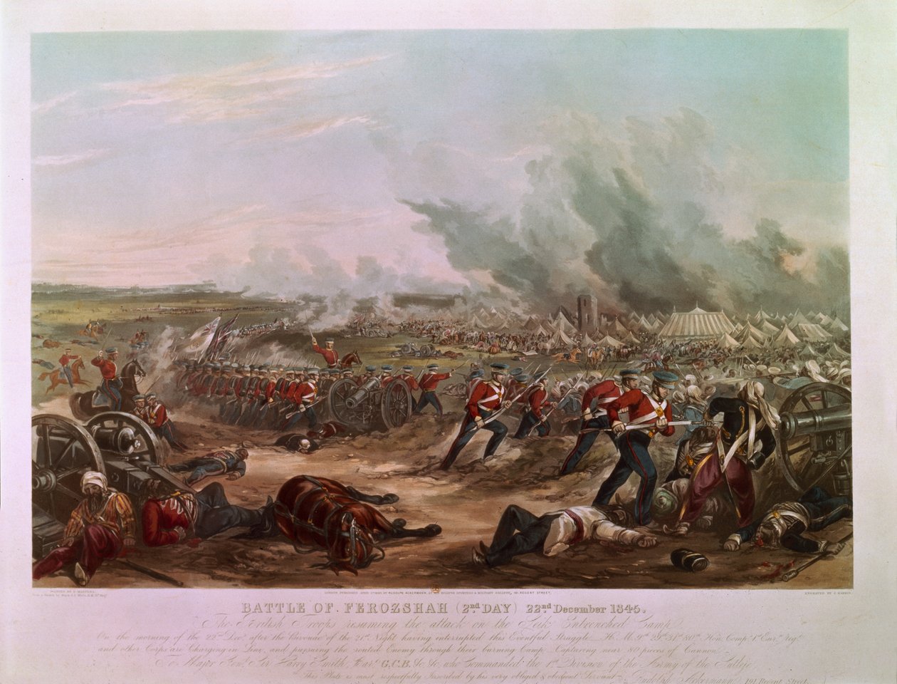 Den anden dag i slaget ved Ferozshah, 22. december 1845 (farveakvatint) af Major G.F. White