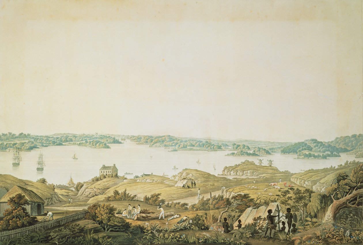 En del af havnen i Port Jackson og landet mellem Sydney og Blue Mountains, New South Wales, højre del af en panoramaudsigt, ca. 1821 (akvatint) af Major James Taylor