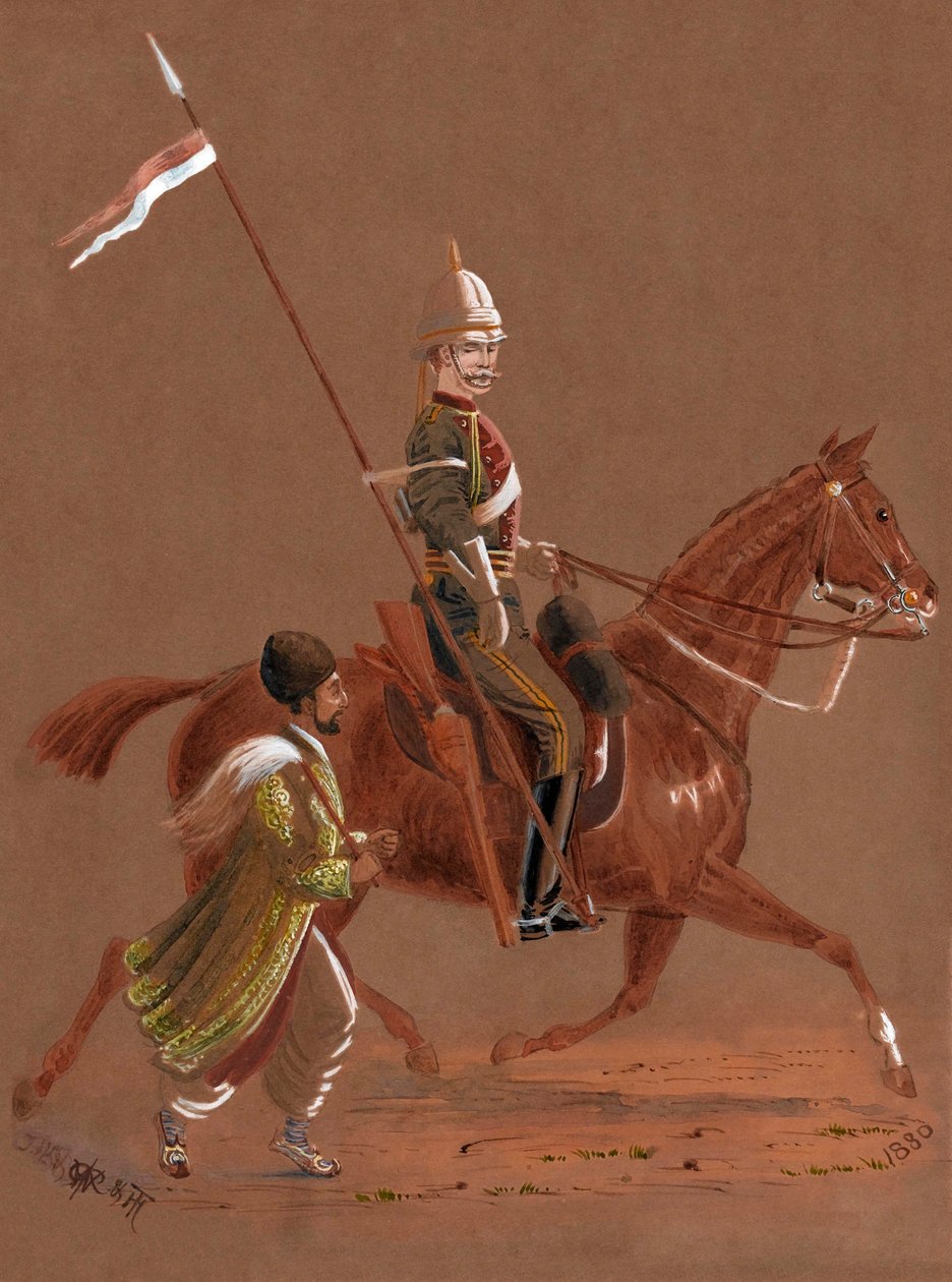 Trooper of the 9th Lancers rider med en afghansk soldat, der løber ved siden af sin hest af Major General R.G. Woodthorpe