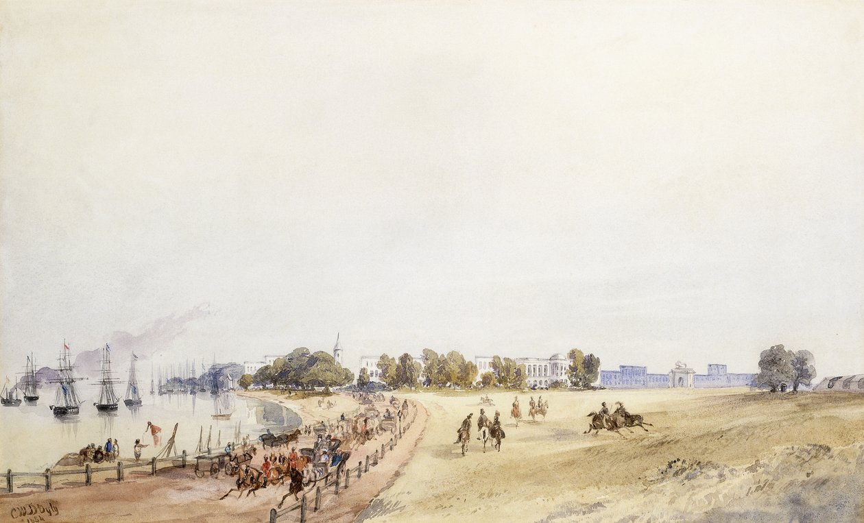 Udsigt over fortet og byen, Calcutta, 1854 af Major General Sir Charles Walters DOyly