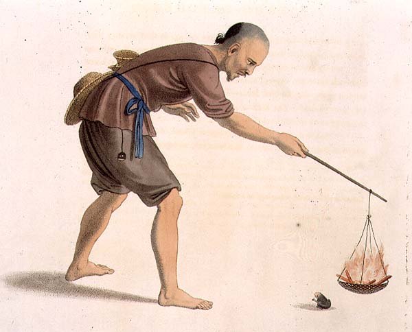 En frøfanger, billede 7 fra "The Costume of China", graveret af J. Dadley af Major George Henry Mason