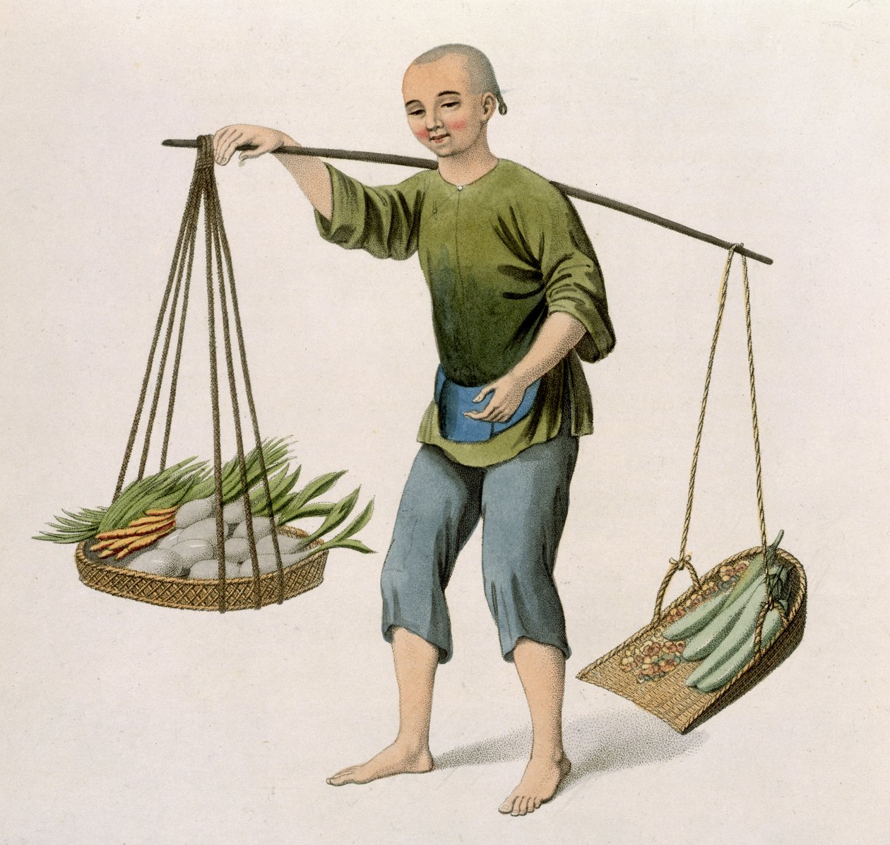 En dreng med grønsager, plade 54 fra "The Costumes of China", graveret af J. Dadley, 1800 af Major George Henry Mason