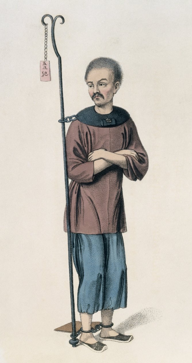 En forbryder lænket til en jernstang, planche 12 fra "The Punishments of China", graveret af J. Dadley, 1804 af Major George Henry Mason