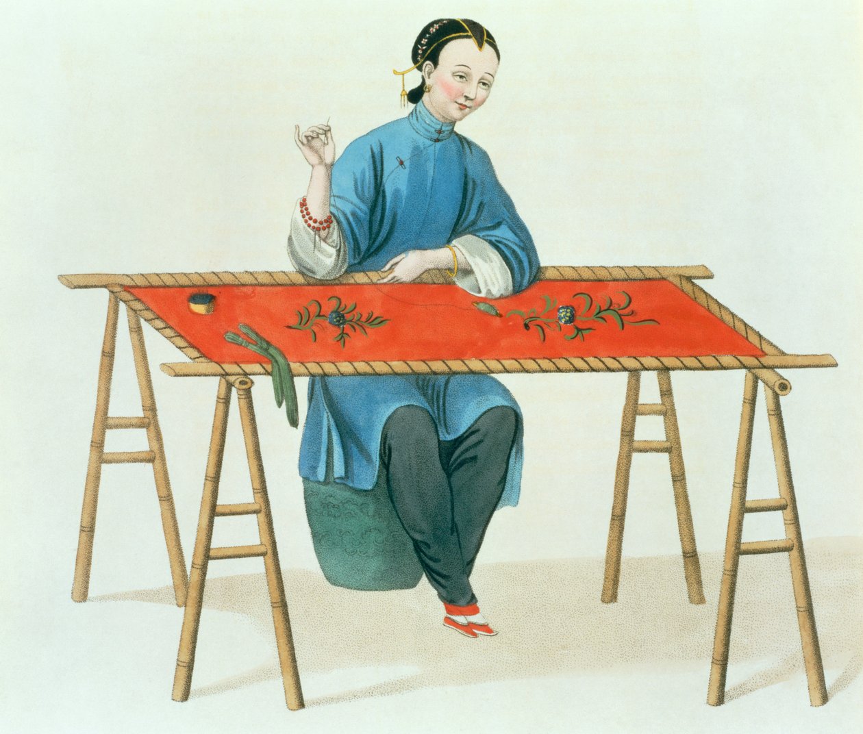 En kvinde i broderi, plade 41 fra "The Costume of China", graveret af J. Dadley, 1800 af Major George Henry Mason