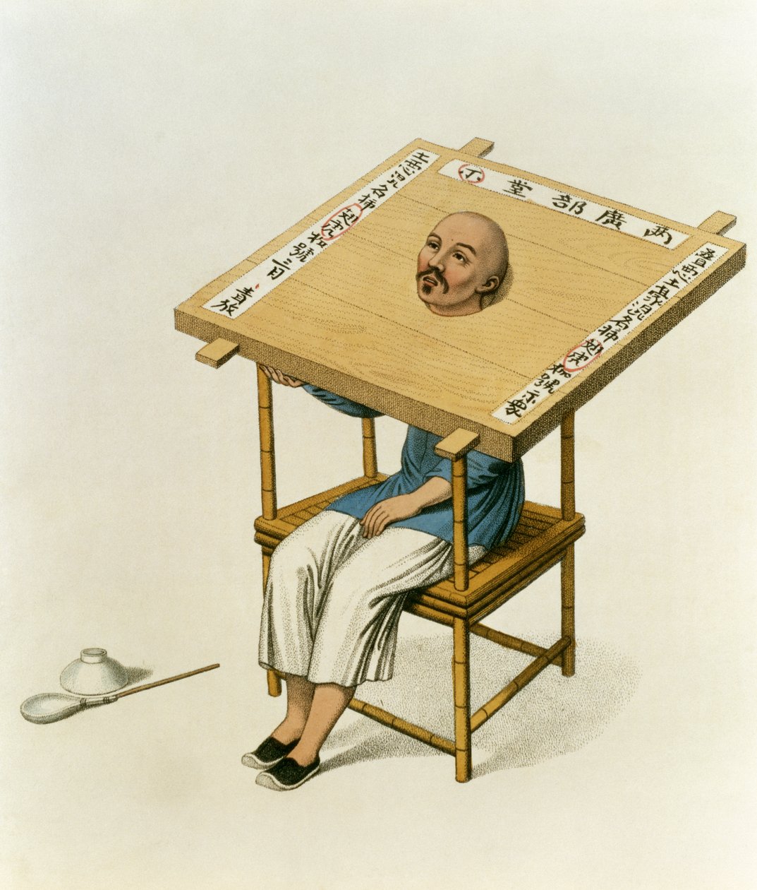 Straffen med trækrave, planche 13 fra "The Punishments of China", graveret af J. Dadley, 1804 af Major George Henry Mason