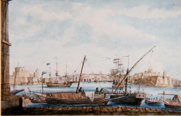 Udsigt over Gallies-havnen fra Valetta-siden, ca. 1800 (blyant og akvarel) af Major James of Tolcross Weir