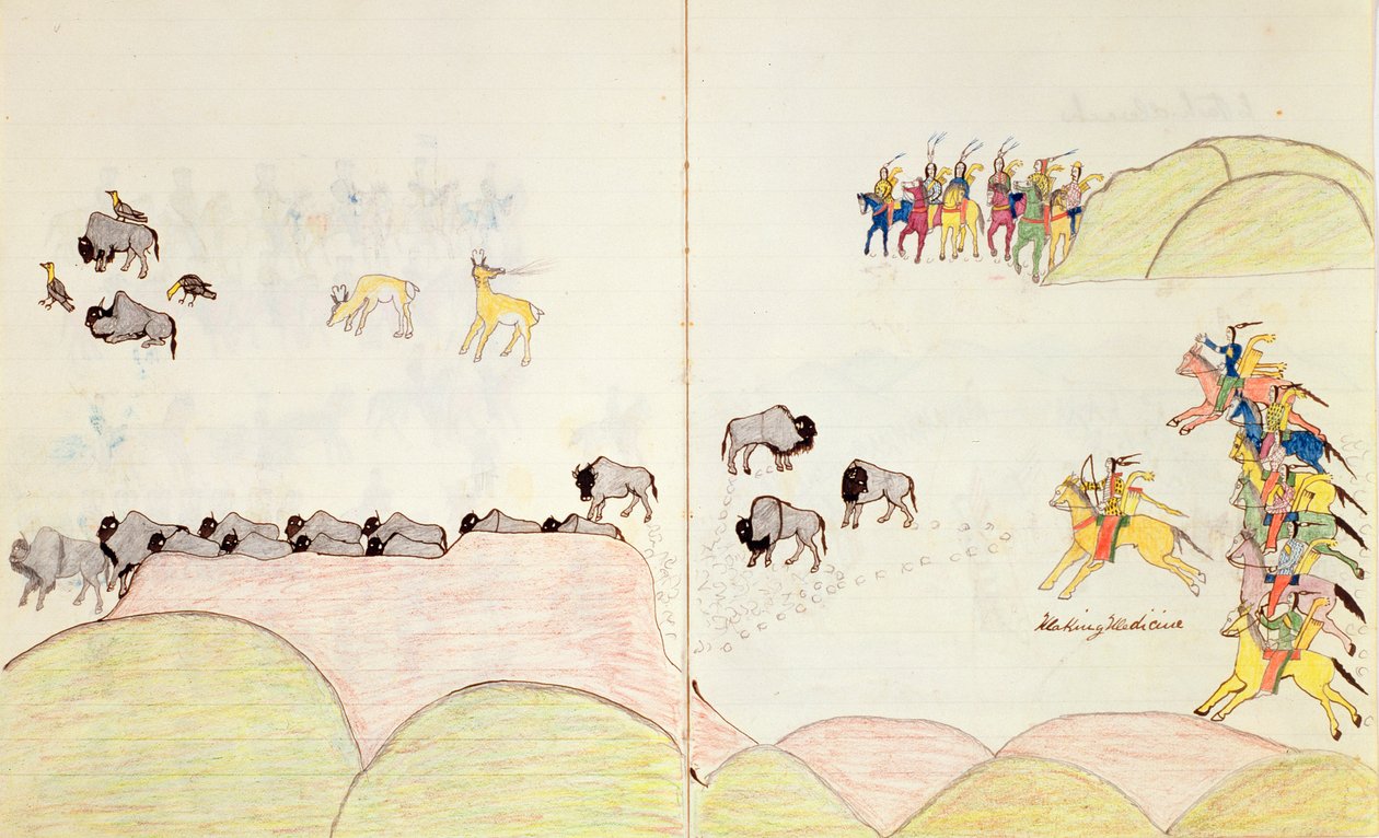 Native American Buffalo Hunt, fra en bog med skitser lavet i Fort Marion, St. Augustine, Florida, 1877 af Making Medicine