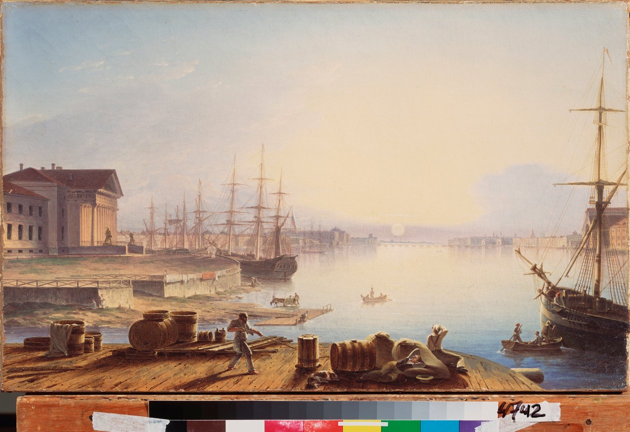 Solopgang over Neva i Skt. Petersborg - Maleri af Maxim Nikiphorovich Vorobyev (Vorobiev) (1787-1855), olie på lærred af Maksim Nikiforovich Vorobiev