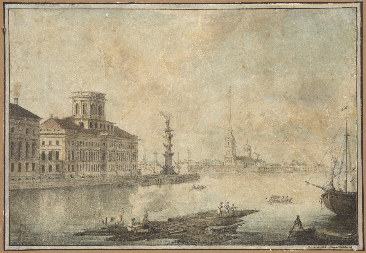 Udsigt over Neva og Videnskabsakademiet - Maxim Nikiphorovich Vorobyev (1787-1855). Pen, pensel, akvarel, blæk på papir, slutningen af 1820