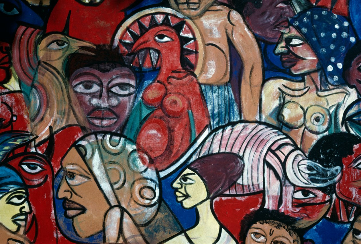 Ansigter, vægmaleri i haven ved det naturhistoriske museum i Maputo, af Malangatana Valente Ngwenya (1936-2011), Mozambique, 20. århundrede af Malangatana Valente Ngwenya