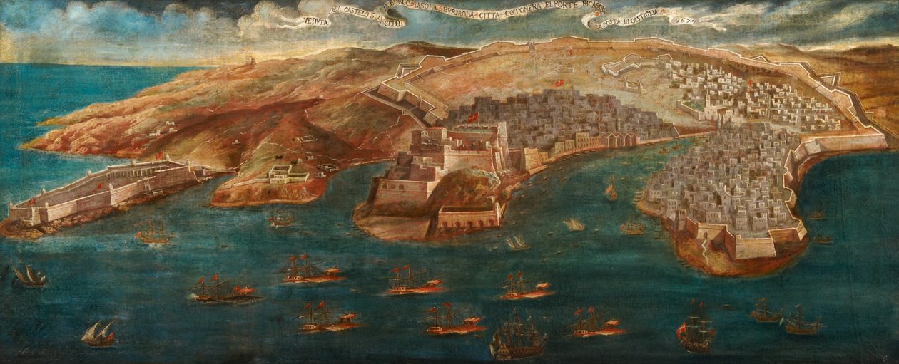 Udsigt over Fort Ricasoli, Castle St Angelo, LIsola og Cotonera-linjerne fra Valletta, 1679 af Maltese School