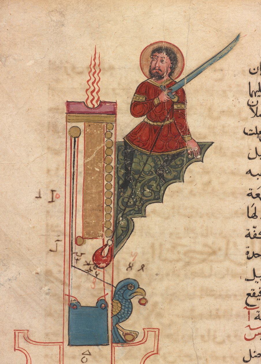 Et stearinlys ur, folio fra Kitab fi ma`arifat al-hiyal al-handisaya (Bogen om viden om geniale mekaniske anordninger) Automata af al-Jazari (d. 1206) (blæk, uigennemsigtig akvarel & guld på papir) af Mamluk Sultanate school