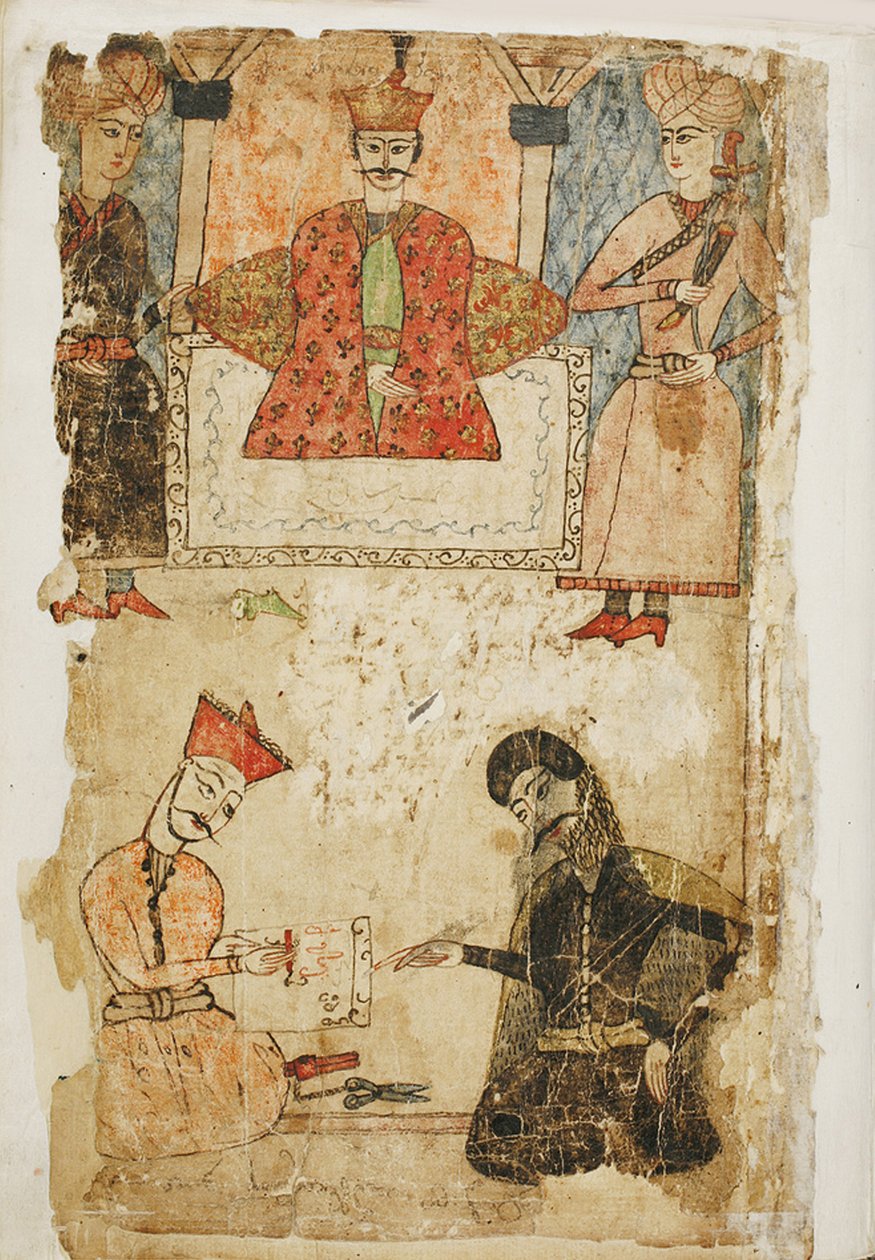 Rustaveli dikterer sit digt til en kansler. Illustration til digtet The Knight in the Panther