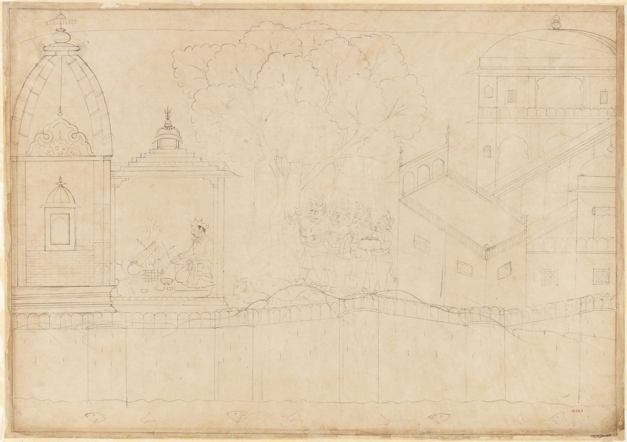 Indrajit kommer med tilbud: Folio fra Siege of Lanka-serien, ca. 1725. af Manaku