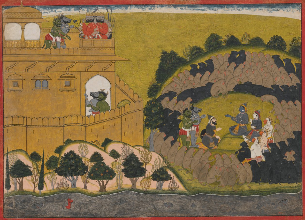 Rama frigiver dæmonspionerne Shuka og Sarana: Folio fra Siege of Lanka-serien, ca.1725. af Manaku