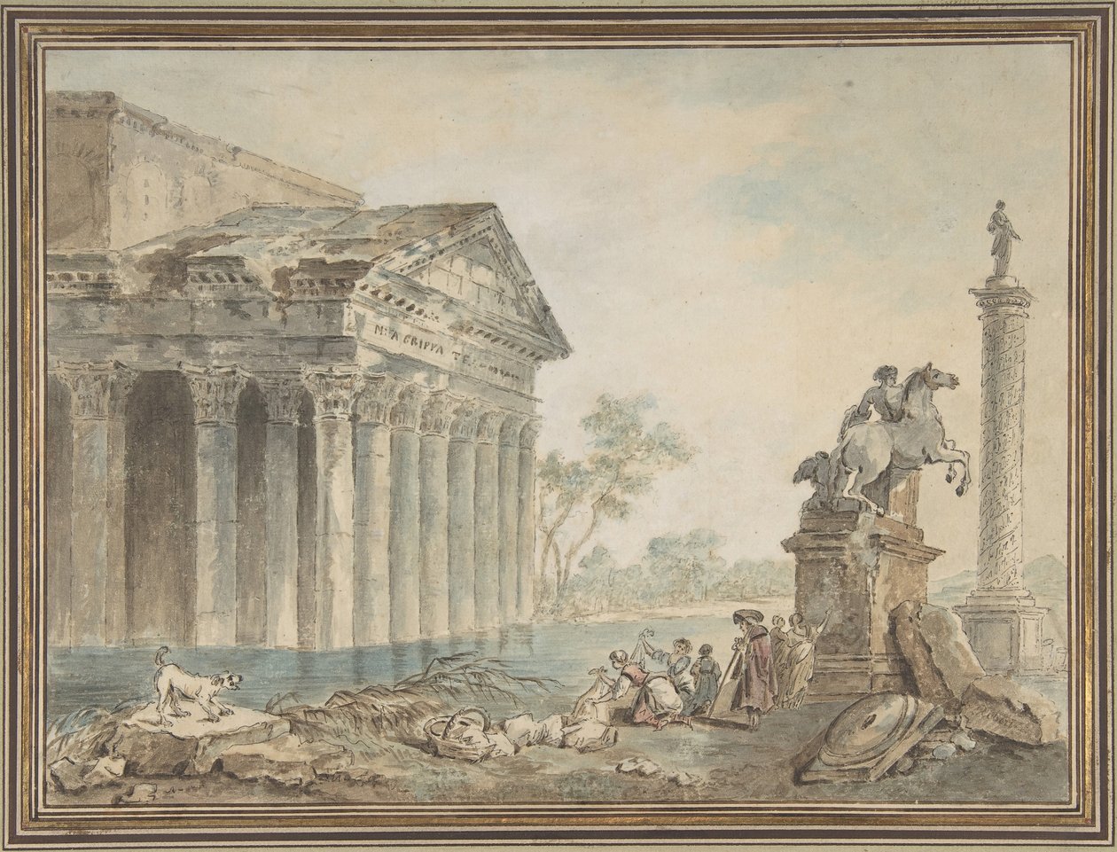Arkitektonisk Capriccio med romerske monumenter og vaskekoner, n.d.. af Manner of Hubert Robert