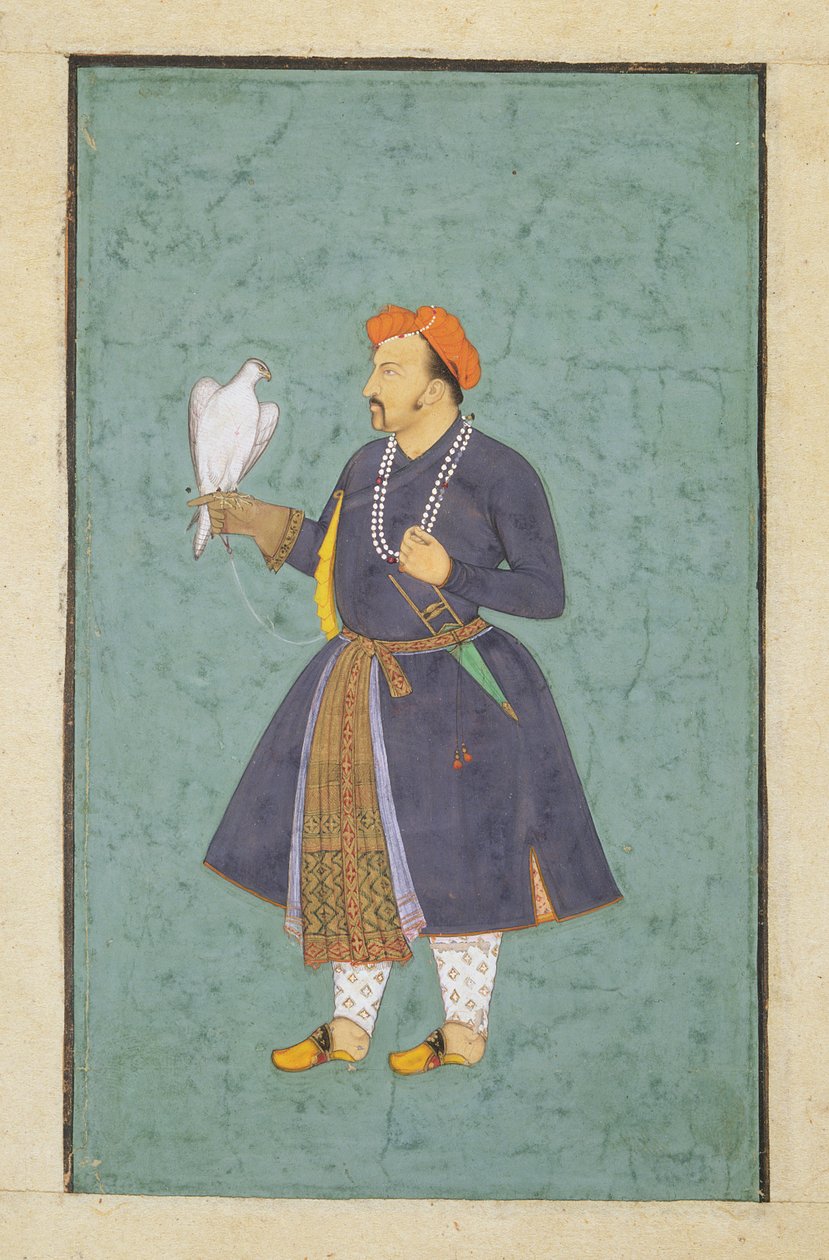 Portræt af Jahangir, der holder en falk, ca. 1600-10 (wc & guld på papir) af Manohar attr. to Manohar attr. to