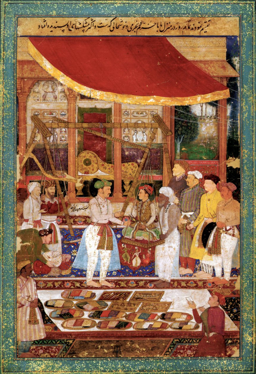 Kejser Jahangir vejer prins Khurram i guld, ca. 1610-1615 (miniature) af Manohar Manohar