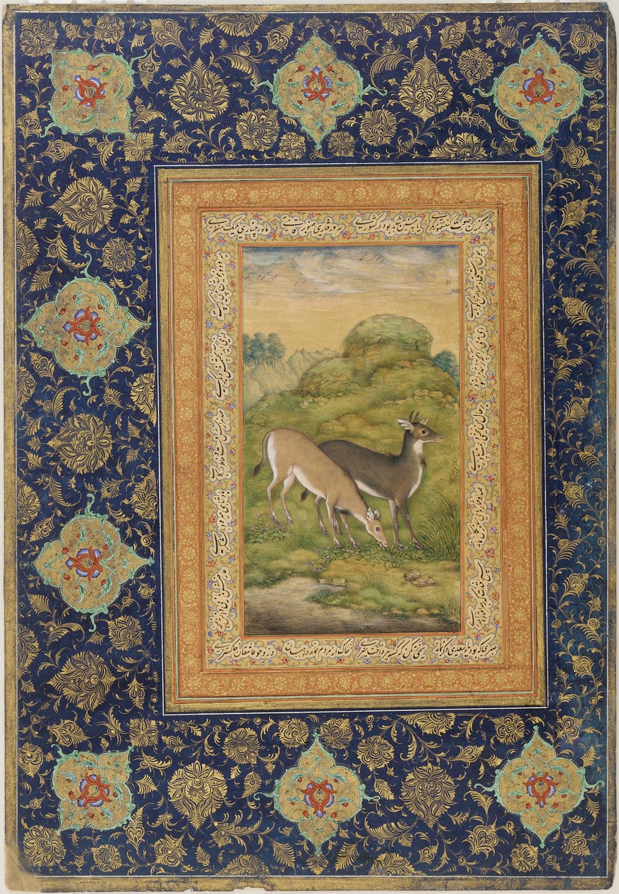 To hjorte i et landskab, School of Jahandir (farve og guld på papir) af Mansur